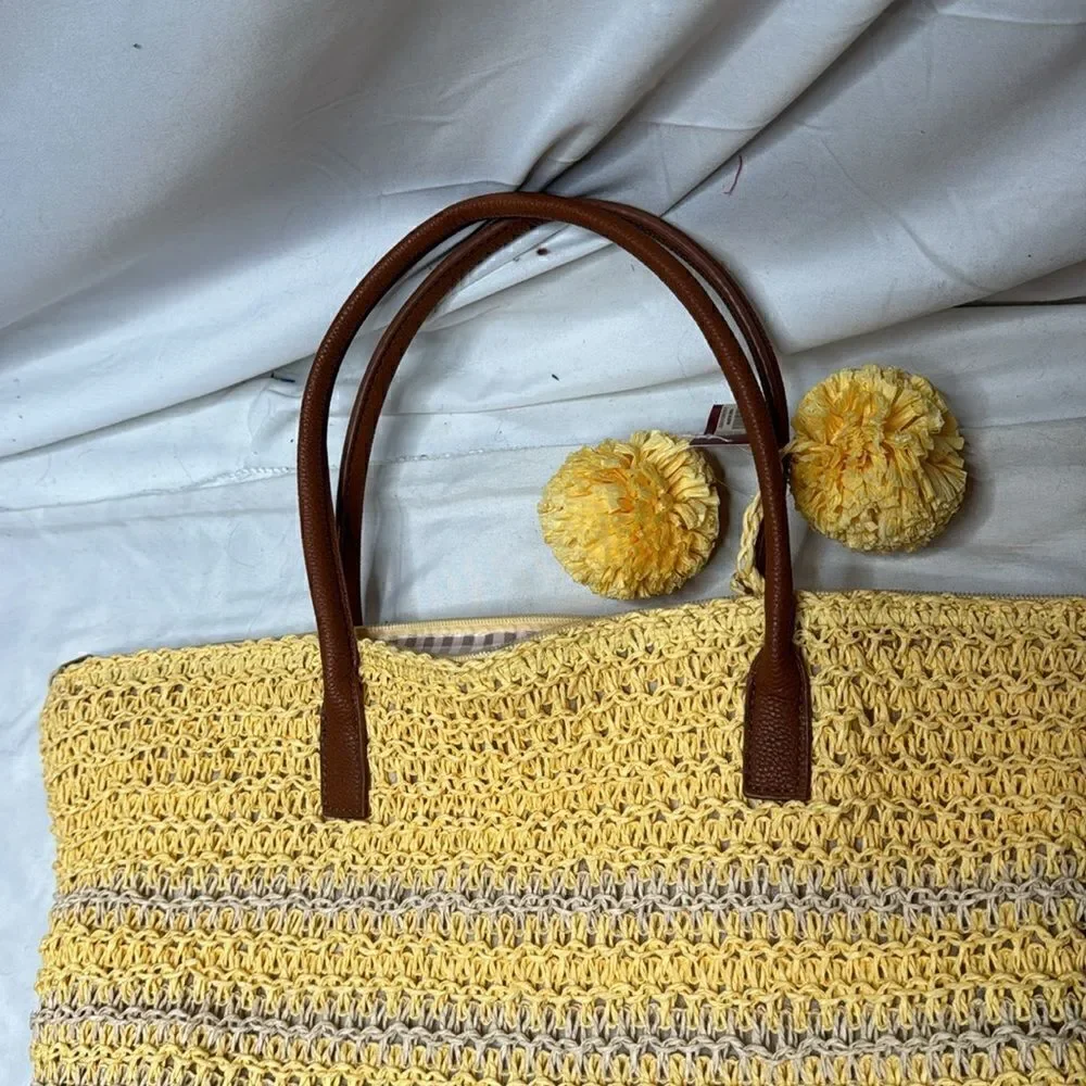 Merona Striped Woven Straw Pom Pom Tote Nag. NWT.
